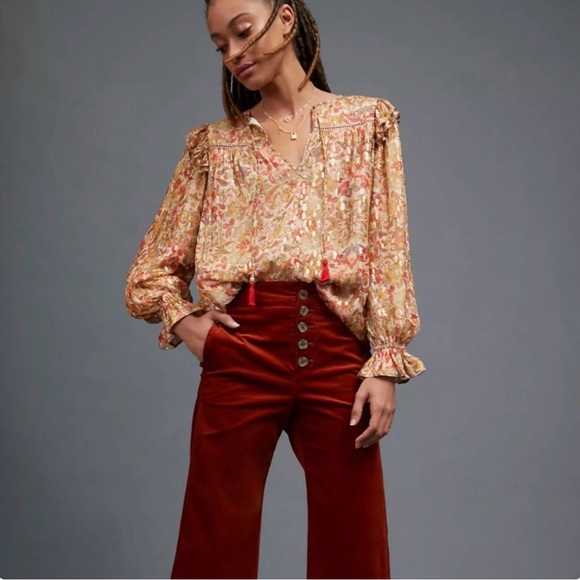 Anthropologie’s Love the Label Floral Peasant Blouse Gold/Orange Hues Size XS - Picture 3 of 13